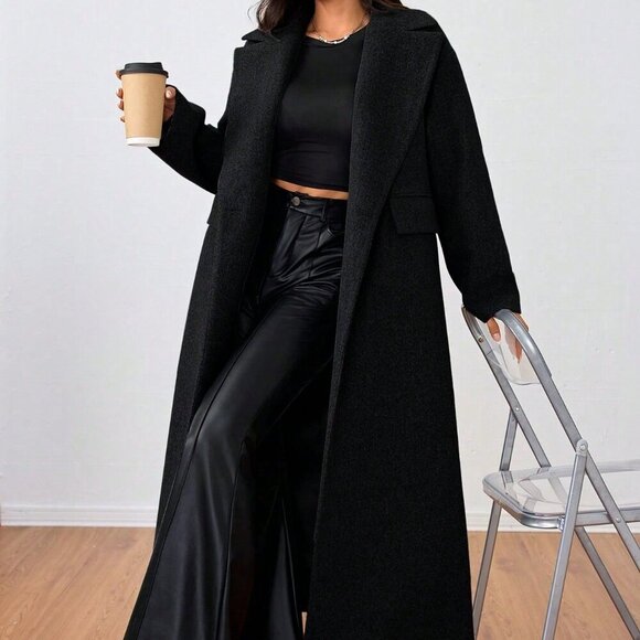 Black Casual Women's Collared Long Overcoat - Picture 1 of 6